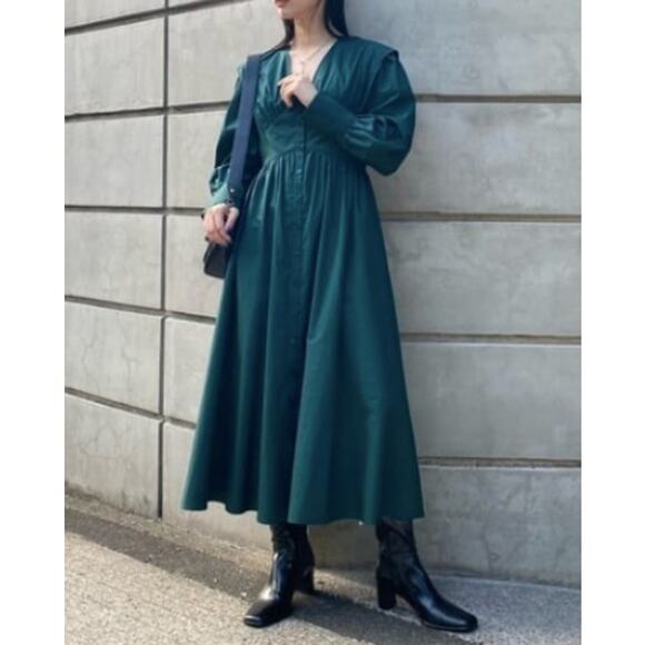 MOUSSY Green Power Shoulder Cotton Button Front Maxi Dress (1) - Picture 1 of 11